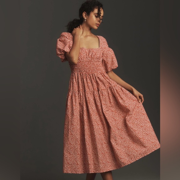 By Anthropologie | Puff-Sleeve Smocked Poplin Midi Dress NWT - Picture 1 of 8
